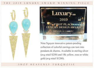 Heavenly Turquoise earrings and an award image from the 2019 Luxury Design Awards archive.