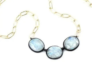 Archived Legacy necklace with a gold chain, pale moonstones and dark bezels.