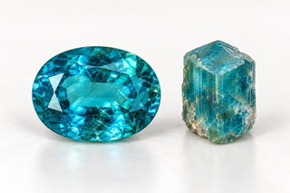 Editorial illustration of blue-green apatite in cut and rough forms