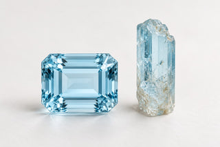 Editorial illustration of pale blue aquamarine with cut and rough beryl forms