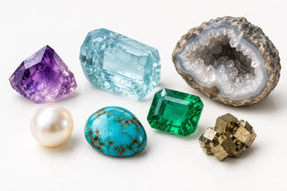 Editorial illustration of gemstones, pearl, pyrite and a quartz-lined geode