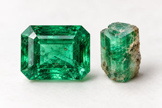 Editorial illustration of green emerald with cut and rough beryl forms