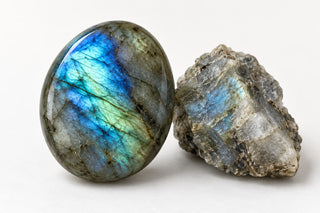 Editorial illustration of labradorite with directional blue-green flash