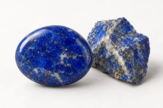 Editorial illustration of blue lapis lazuli with pyrite and calcite