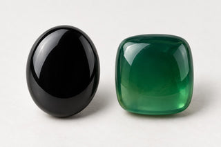 Editorial illustration comparing black and green chalcedony appearances