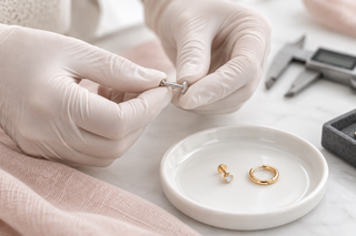 Illustrative gloved hands checking a flat-back jewelry component above a clean jewelry tray