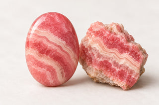 Editorial illustration of pink and white banded rhodochrosite