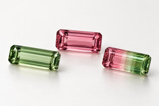 Editorial illustration of pink, green and bicolor tourmaline