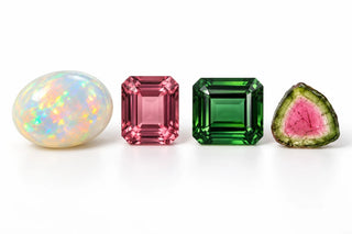 Illustration of white opal, pink tourmaline, green tourmaline and a watermelon tourmaline slice on white