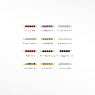 Bar-shaped gemstone connectors labeled by birthstone month.