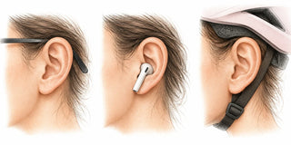 Illustration of an ear beside a glasses arm, an in-ear earbud and a helmet with strap, shown in three panels.