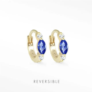 Gold reversible huggies featuring diana blue sapphire and round diamonds in sapphire 14k gold 10mm huggie earrings