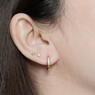 Gold hoop earring with three embedded diamonds in 14k gold flat back earrings shining star by The Wynning Studs