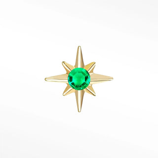 14k gold flat back earrings shining star with an emerald-colored center stone. Comfortable minimalist and perfect