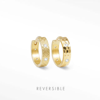 14k gold hoop earrings with a textured florentine surface and embedded clear stones reversible design by Wynning