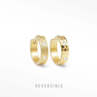 14k gold hoop earrings with a textured florentine surface and embedded clear stones reversible design by Wynning