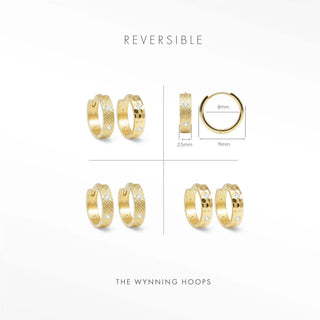 14k gold hoop earrings with a textured surface and small embedded stones reversible design by Wynning
