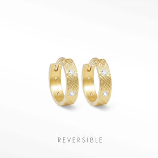 14k gold hoop earrings featuring a gold-toned textured surface and three clear gemstones along the outer curve