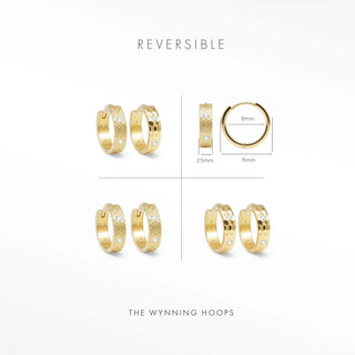 14k gold hoop earrings with a textured surface and small embedded stones reversible design by Wynning