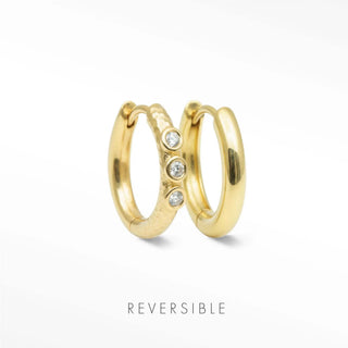 Telletubies 14k gold hoop earrings with gold huggie hoops and three clear gemstones in fine jewelry design