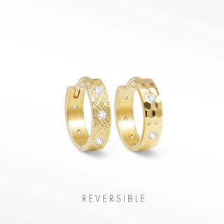 Angled view of Florentine hoop earrings with diamond sparkle