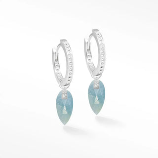 Silver convertible earrings with delicate pave diamonds and dangling teardrop angel wings aquamarine gemstones