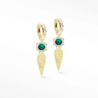 Athena 7mm doublet opal 14k yellow gold convertible earrings with gold hoops, green opal, diamonds, and leaf pendants