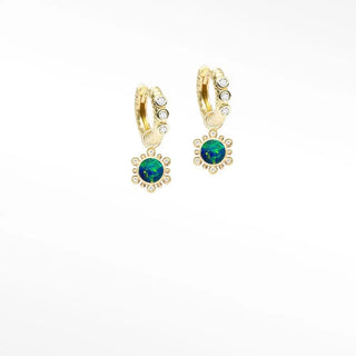 Athena 7mm doublet yellow gold convertible earrings with central green doublet opal and diamond sunburst design