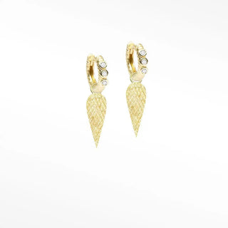 Athena 7mm doublet opal 14k yellow gold convertible earrings with gold hoops clear gemstones and textured leaf pendants