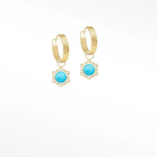 Athena 7mm sleeping beauty turquoise 14k yellow gold convertible earrings with textured hoops and turquoise stone flower charms