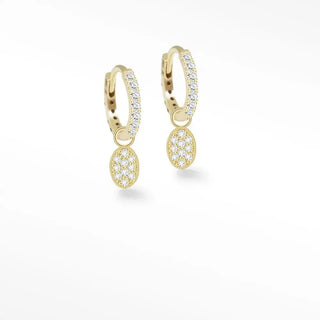 Gold hoop convertible earrings featuring dagger 11mm diamond 14k yellow gold with pave crystal encrusted oval charms