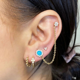 Gold chain cartilage hoop earring with turquoise stone and hoop earring diamond in 14k yellow gold by Nina Wynn