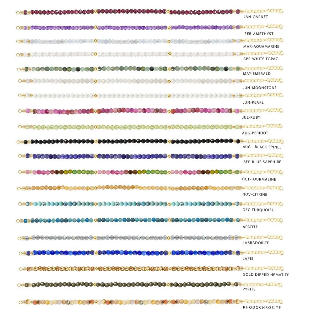 Chart comparing gemstone bracelet options, with the red garnet design at the top.