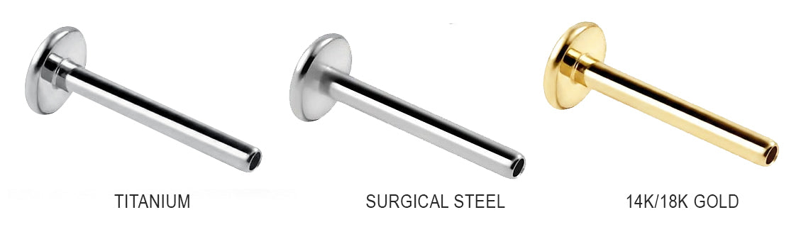 flat back earring posts made of titanium, surgical steel, and 14k–18k gold for sensitive ears