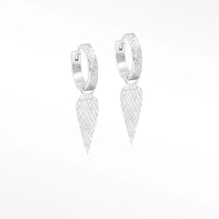 Silver hoop convertible earrings with textured diamond-cut pattern and dangling pointed leaf-shaped pendants vintage lace black rutilated quartz silver