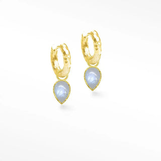 Gold-toned vintage lace moonstone earrings 18k vermeil huggie hoops with hammered texture and pear-shaped pendants