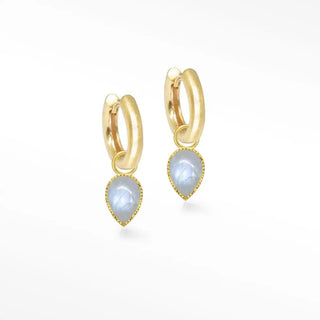 Gold hoop vermeil convertible earrings with light blue teardrop moonstone pendants and vintage lace moonstone beaded edge