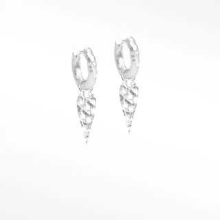 Silver convertible earrings featuring a vintage lace aquamarine design with round 10mm silver hammered spike hoops