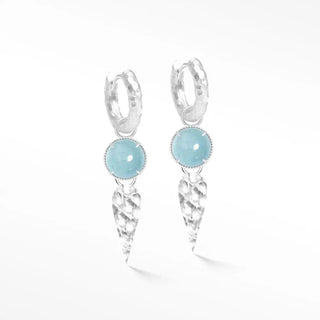 Silver convertible earrings vintage lace aquamarine with round 10mm light blue gemstones and hammered metal drops