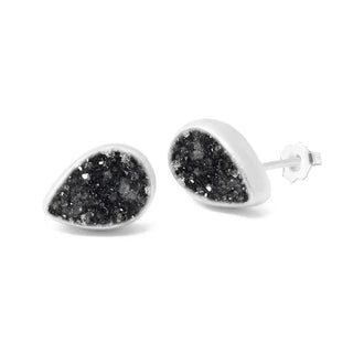 Teardrop-shaped petite black druzy silver stud earrings with black druzy interior in sleek white metal frame