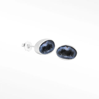 Adorn petite geode silver stud earrings featuring deep blue geode interior with sparkling black crystal formations