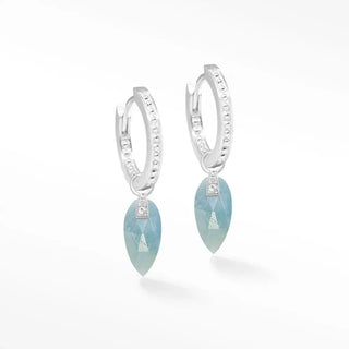 Silver convertible earrings with delicate pave diamonds and dangling teardrop angel wings aquamarine gemstones