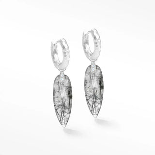 Silver convertible earrings with hammered hoops and angel wings black rutilated quartz teardrop pendants accented by diamonds