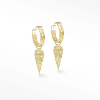 Gold hoop angel wings diamond earrings in 14k yellow gold with textured surface and teardrop diamond pendants