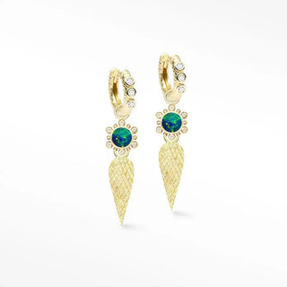 Athena 7mm doublet opal 14k yellow gold convertible earrings with gold hoops, green opal, diamonds, and leaf pendants