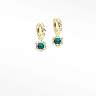 Athena 7mm doublet yellow gold convertible earrings with central green doublet opal and diamond sunburst design