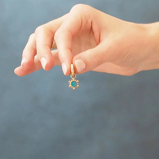 Athena 7mm doublet opal 14k yellow gold convertible earrings with a gold-toned pendant and turquoise stone surrounded by gemstones