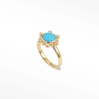 A delicate athena 7mm sleeping beauty gold 14k ring with vibrant turquoise and sparkling diamond accents