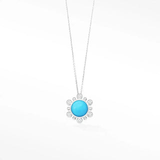 Athena 7mm sleeping beauty silver necklace with vibrant turquoise stone and diamond sunburst design in silver