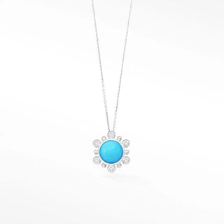 Athena 7mm sleeping beauty silver necklace with vibrant turquoise stone and diamond sunburst design in silver